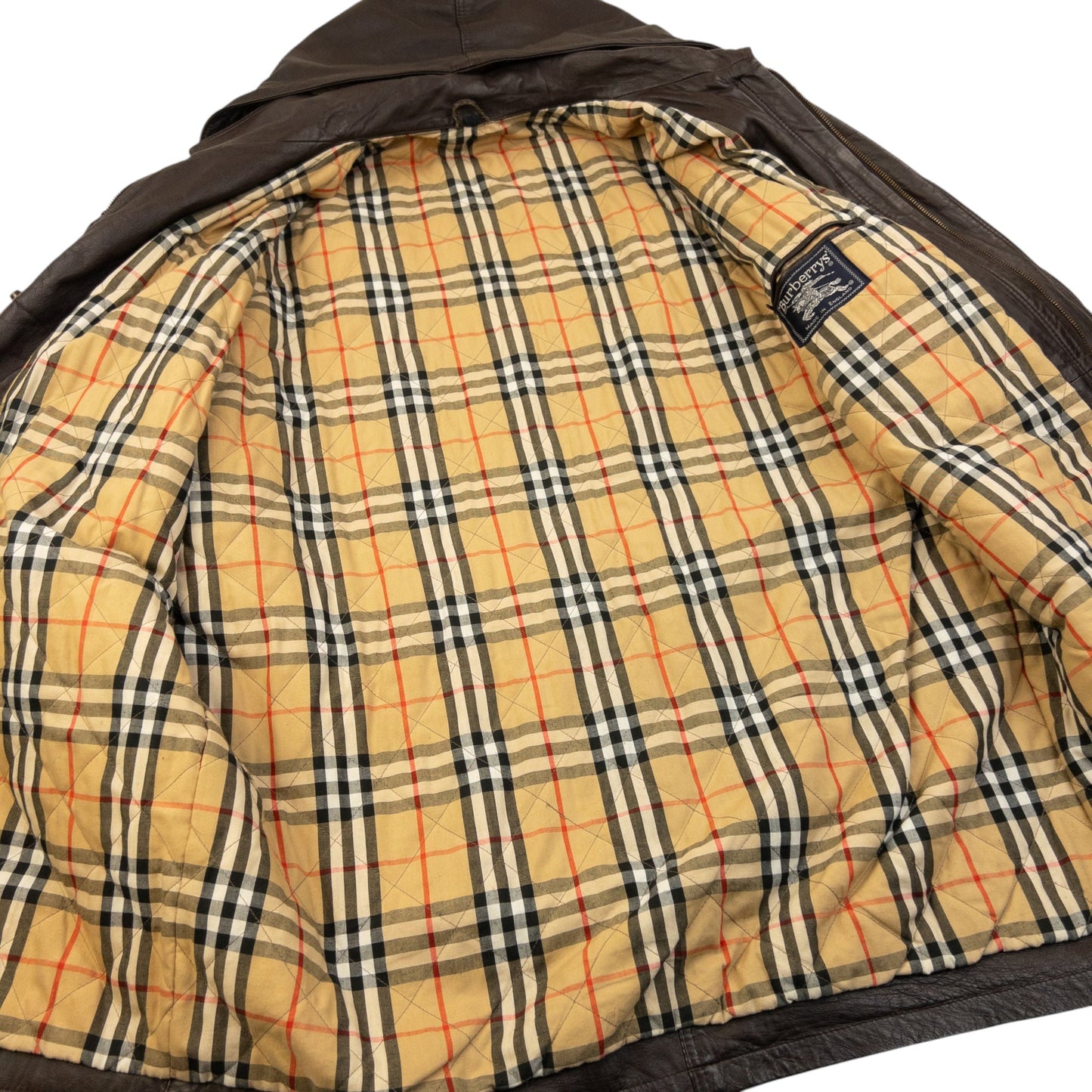 Vintage 90s Burberry Nova Check Lined Leather Duffle Jacket Size XL | O/S, Brown