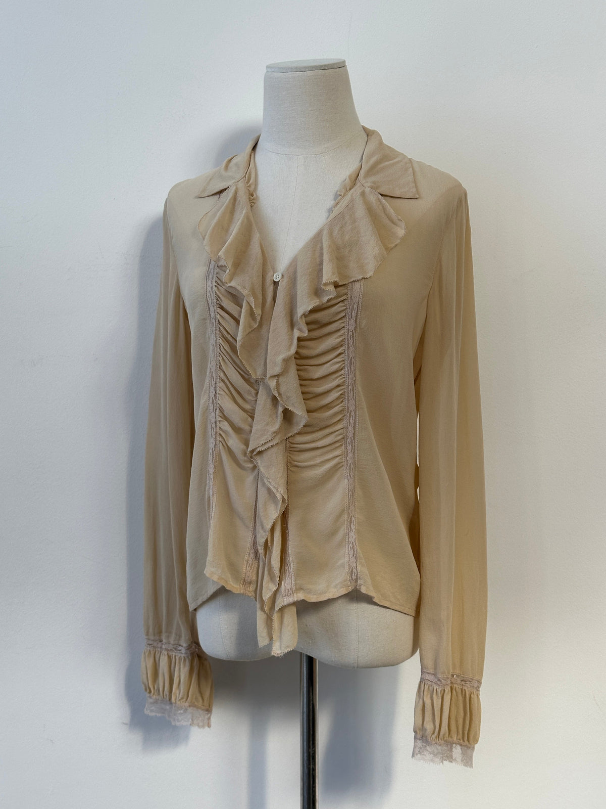Donna Karan 2000s Pure Silk Sheer Ruffle Shirt - S