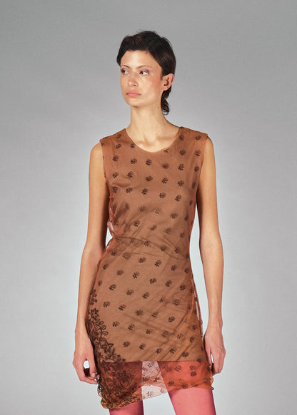 Helmut Lang CottonBrown Sheer Floral Print Overlay Mini Dress