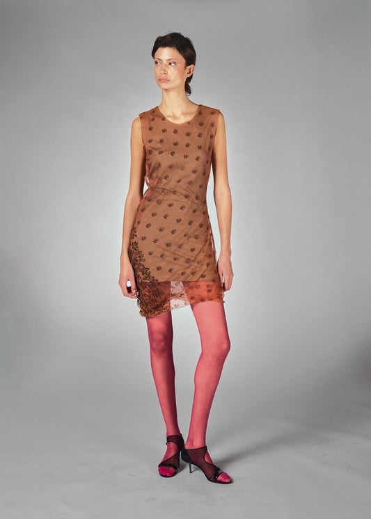 Helmut Lang CottonBrown Sheer Floral Print Overlay Mini Dress