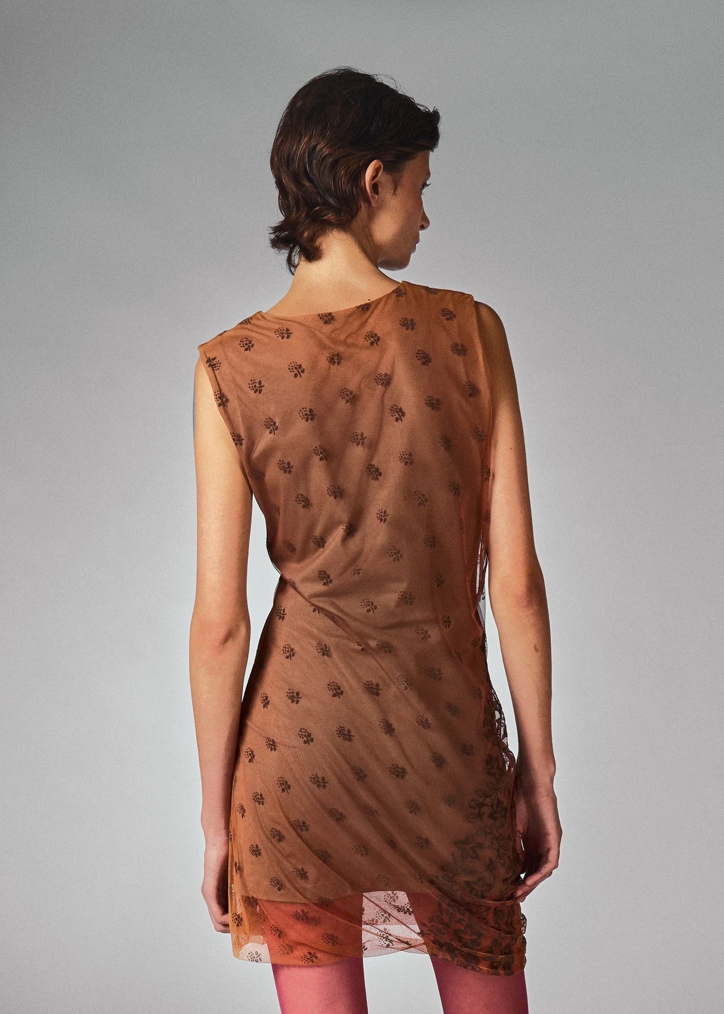 Helmut Lang CottonBrown Sheer Floral Print Overlay Mini Dress