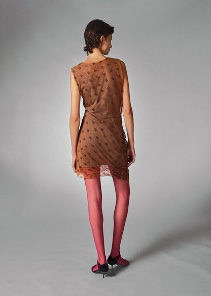 Helmut Lang CottonBrown Sheer Floral Print Overlay Mini Dress
