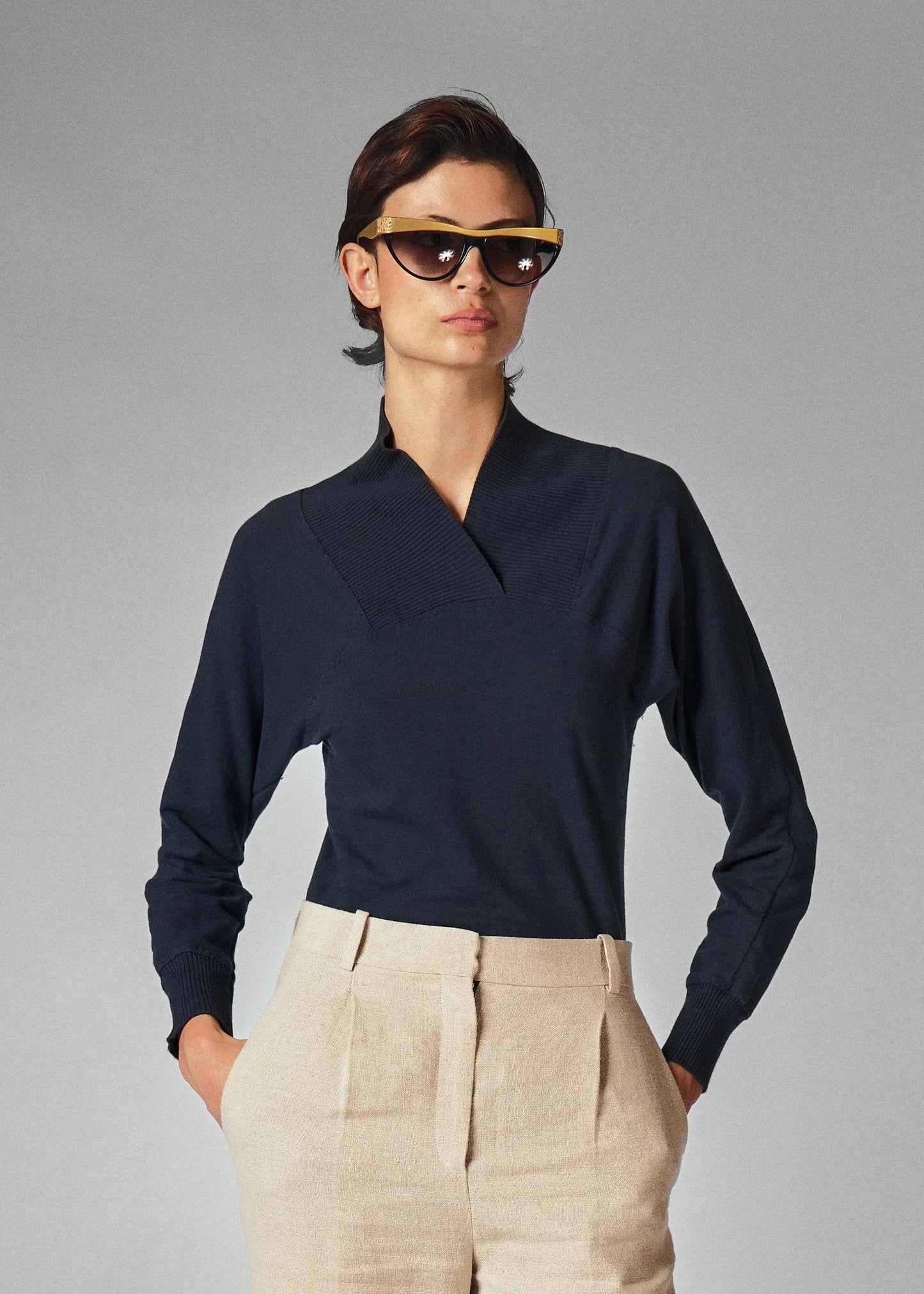 Future Classics Cotton Navy Ribbed-Collar Bodysuit (rental only)