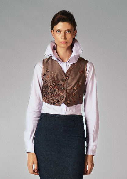 Dries van Noten Silk 80's Brown Embroidered Cropped Waistcoat