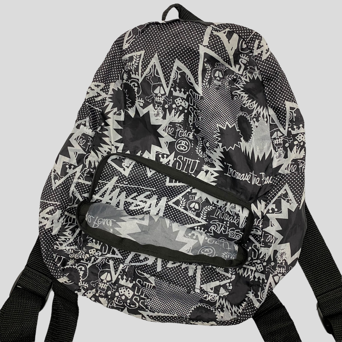 Stussy 00’s Comic Print Nylon Backpack | O/S, Black and White