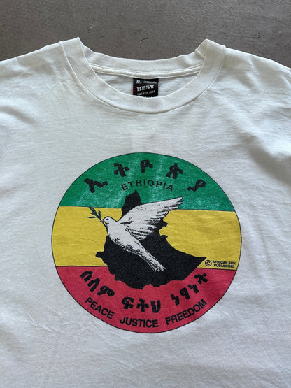 1990's Ethiopia Peace Justice Freedom T-Shirt - XL | X-Large, Red