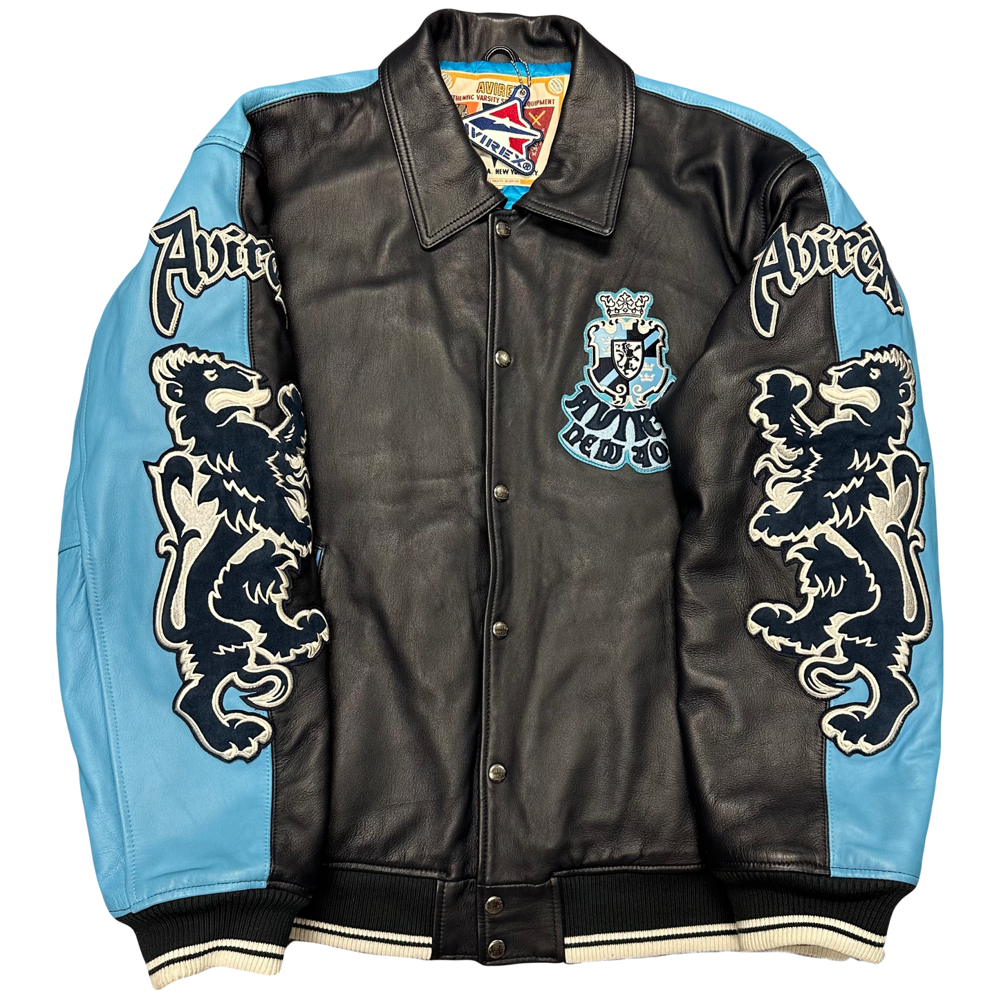 ARCHIVE Avirex New York Dragons Leather Jacket In Navy & Baby Blue ( XXL )