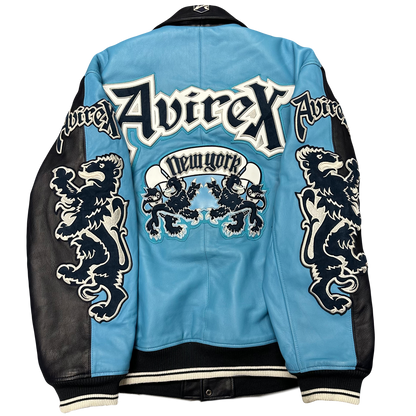 ARCHIVE Avirex New York Dragons Leather Jacket In Navy & Baby Blue ( XXL )