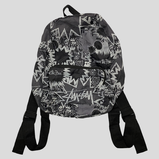 Stussy 00’s Comic Print Nylon Backpack | O/S, Black and White