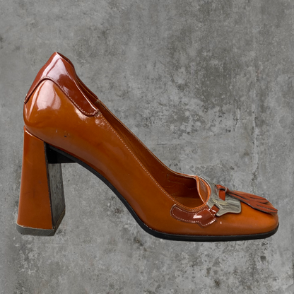 FW99 PRADA METAL TAB BLOCK HEELS - UK 4