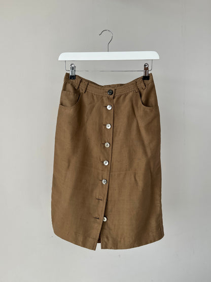 Jaeger pure silk button-down midi skirt in W24, featuring a sleek design with buttons down the front and a smooth silk texture.