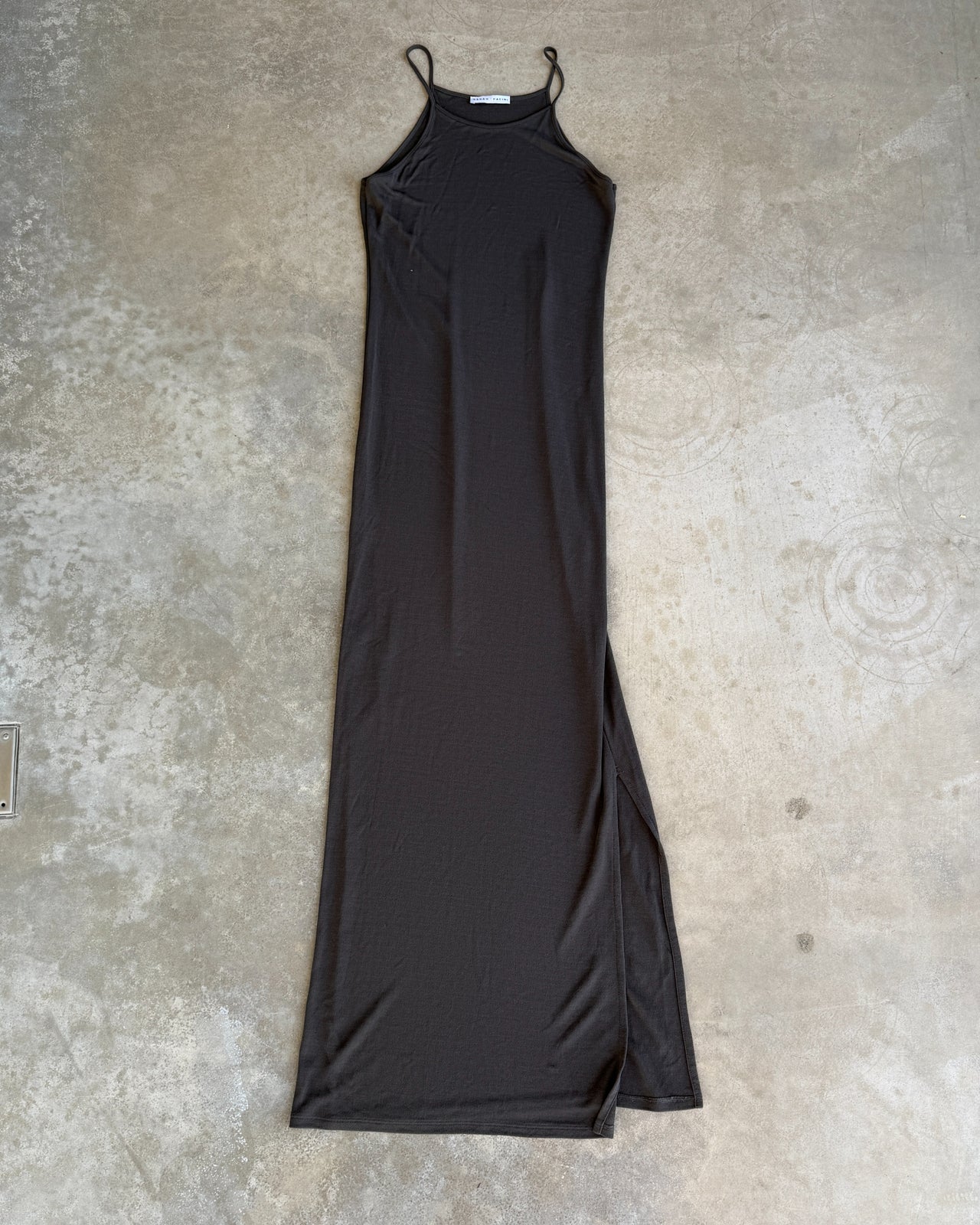 Sarah Paccini Grey Semi Sheer Maxi Dress-on a concrete background