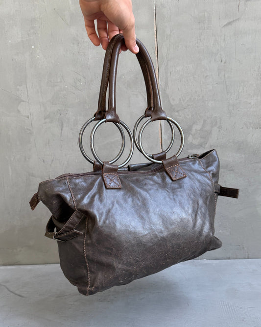 Armani Jeans Brown Leather Handbag-on a concrete background