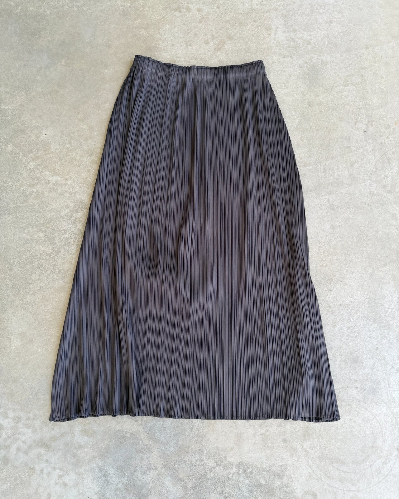 Pleats Please Issey Miyake Grey Purple Maxi Skirt – S-on a concrete background