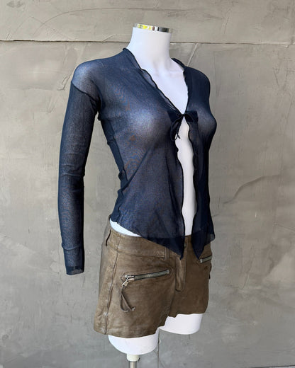 Jean Paul Gaultier Dark Blue Sheer Mesh Long Sleeve Cardigan Top – S-on a concrete background