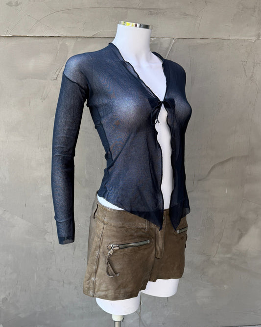 Jean Paul Gaultier Dark Blue Sheer Mesh Long Sleeve Cardigan Top – S-on a concrete background