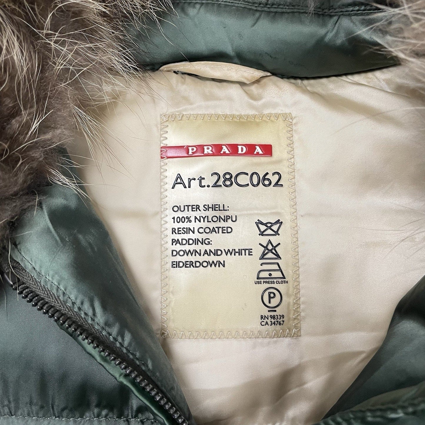 Prada Down Puffer Jacket Fur Collar, Size Small | O/S, Green