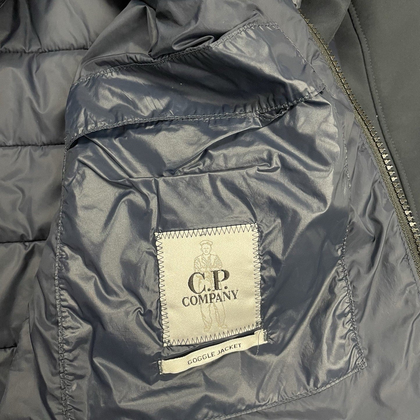 CP Company Mixed Soft Shell Goggle Puffer Jacket, Size XL | O/S, Blue