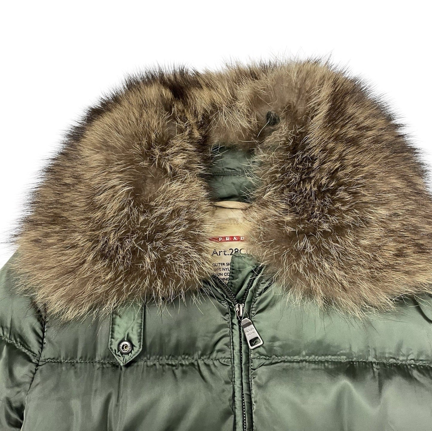 Prada Down Puffer Jacket Fur Collar, Size Small | O/S, Green