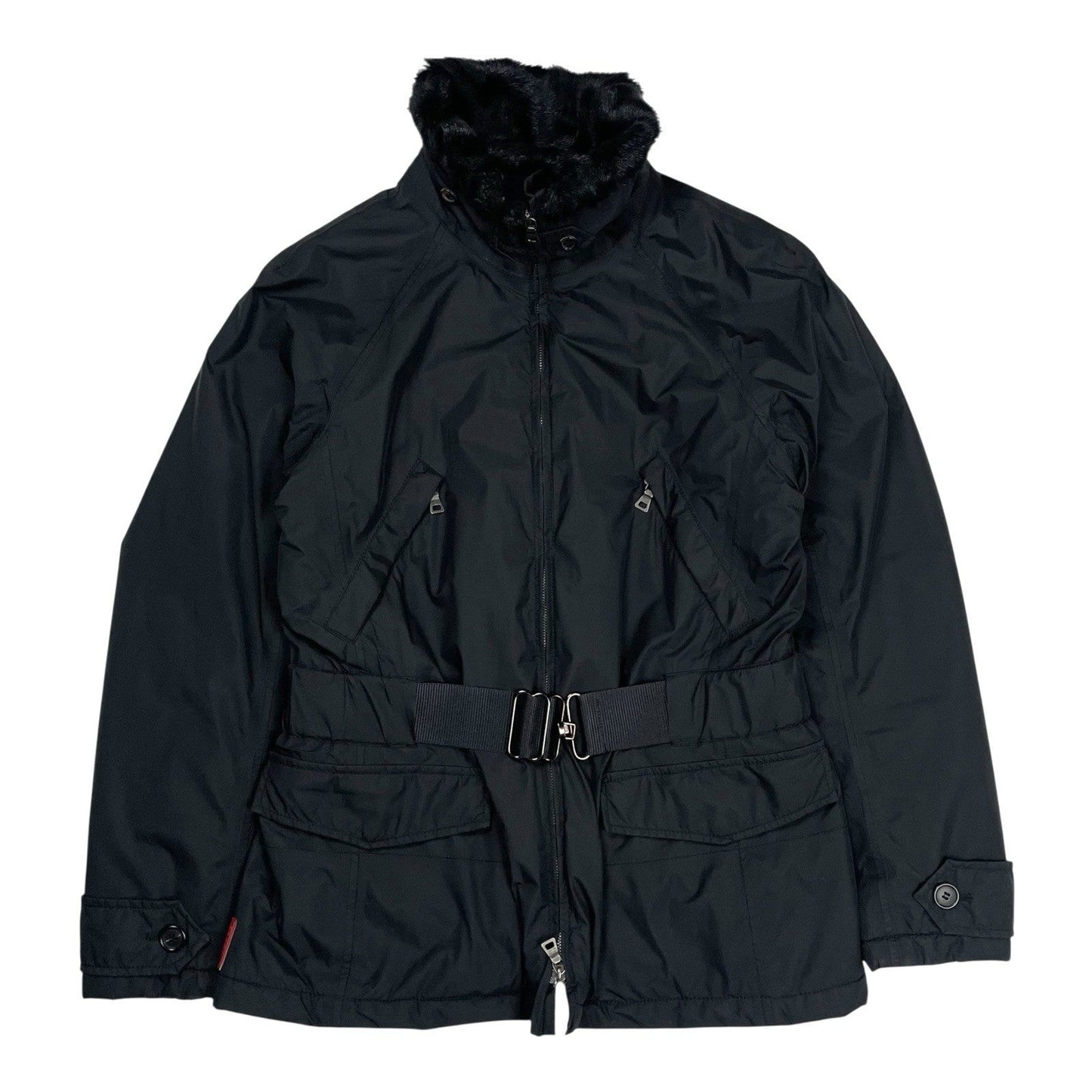 Prada Goretex Jacket Fur Trim, Size Large | O/S, Black