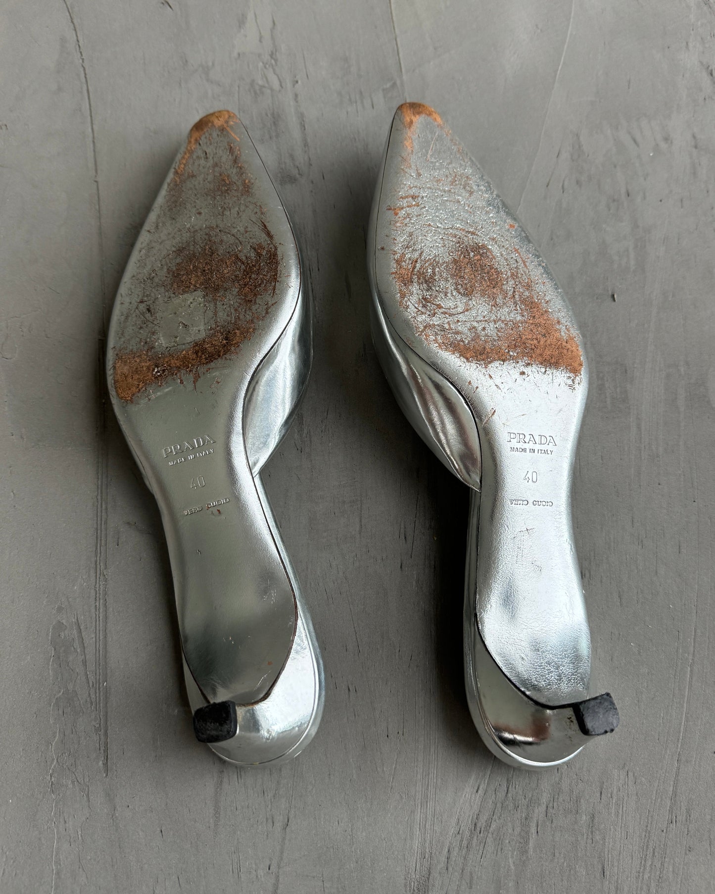 PRADA SILVER MULE KITTEN HEELS - EU40 | UK 7, Silver