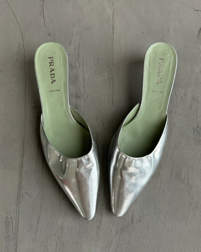 PRADA SILVER MULE KITTEN HEELS - EU40 | UK 7, Silver