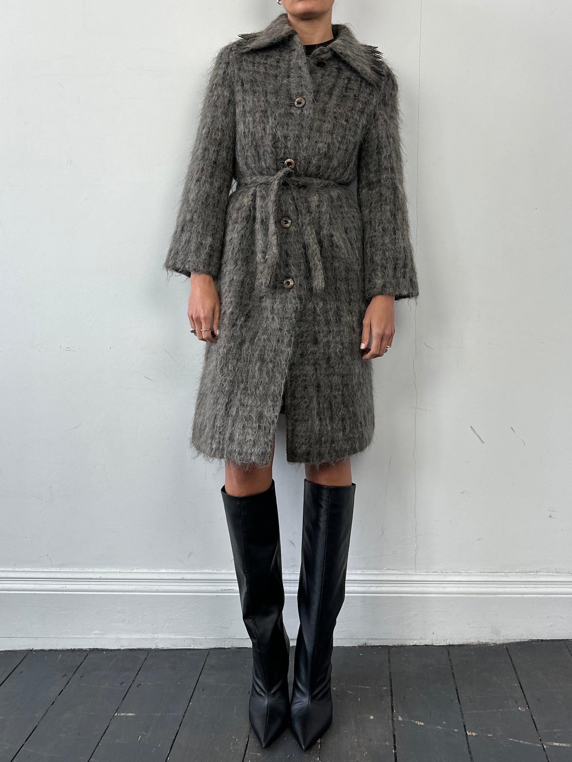 Jaeger Wool Belted Fuzzy Check Coat - S - Known Source