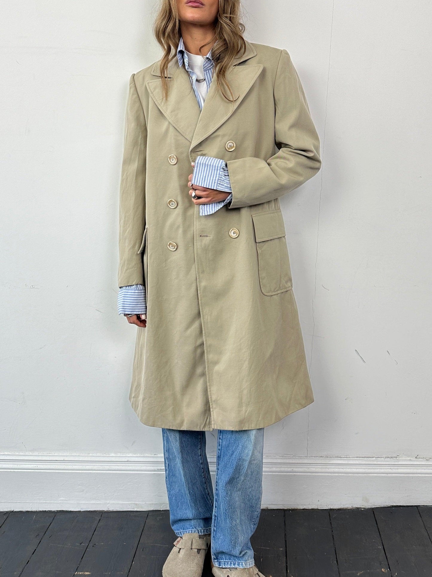 Italian Vintage Pure Wool Double Breasted Trench Coat - S/M - Known Source