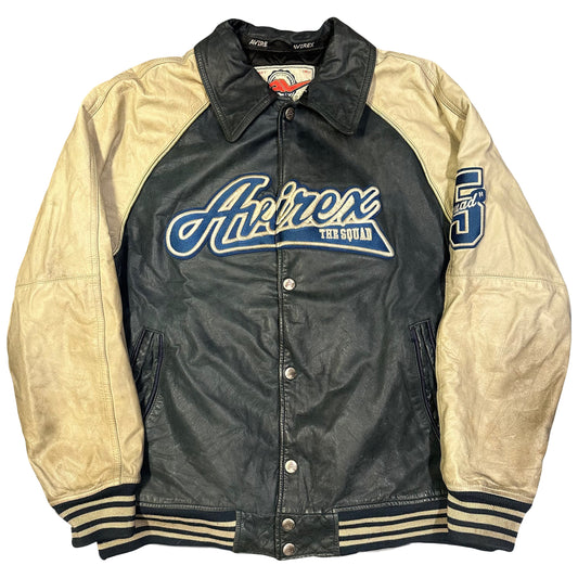 Avirex Spellout Leather Jacket In Navy & Cream ( XL )