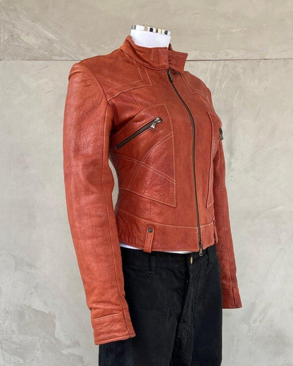 2000'S RED LEATHER BIKER JACKET - M - Known Source