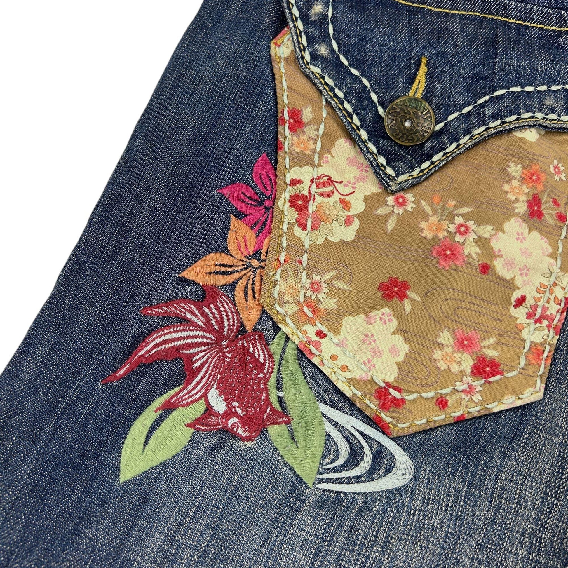 Vintage Flower Big Train Japanese Embroidered Distressed Denim Jeans Size W32 - Known Source