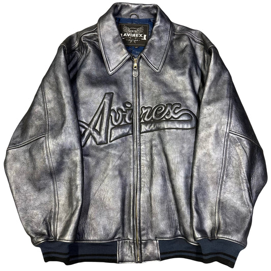 Avirex Spellout Leather Jacket In Grey ( XXL )