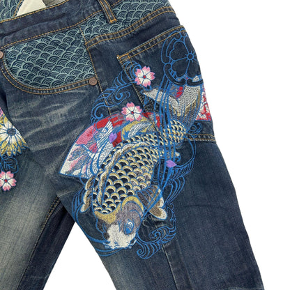 Vintage Koi Fish Nippon Blue Embroidered Japanese Denim Jeans Size W28 - Known Source