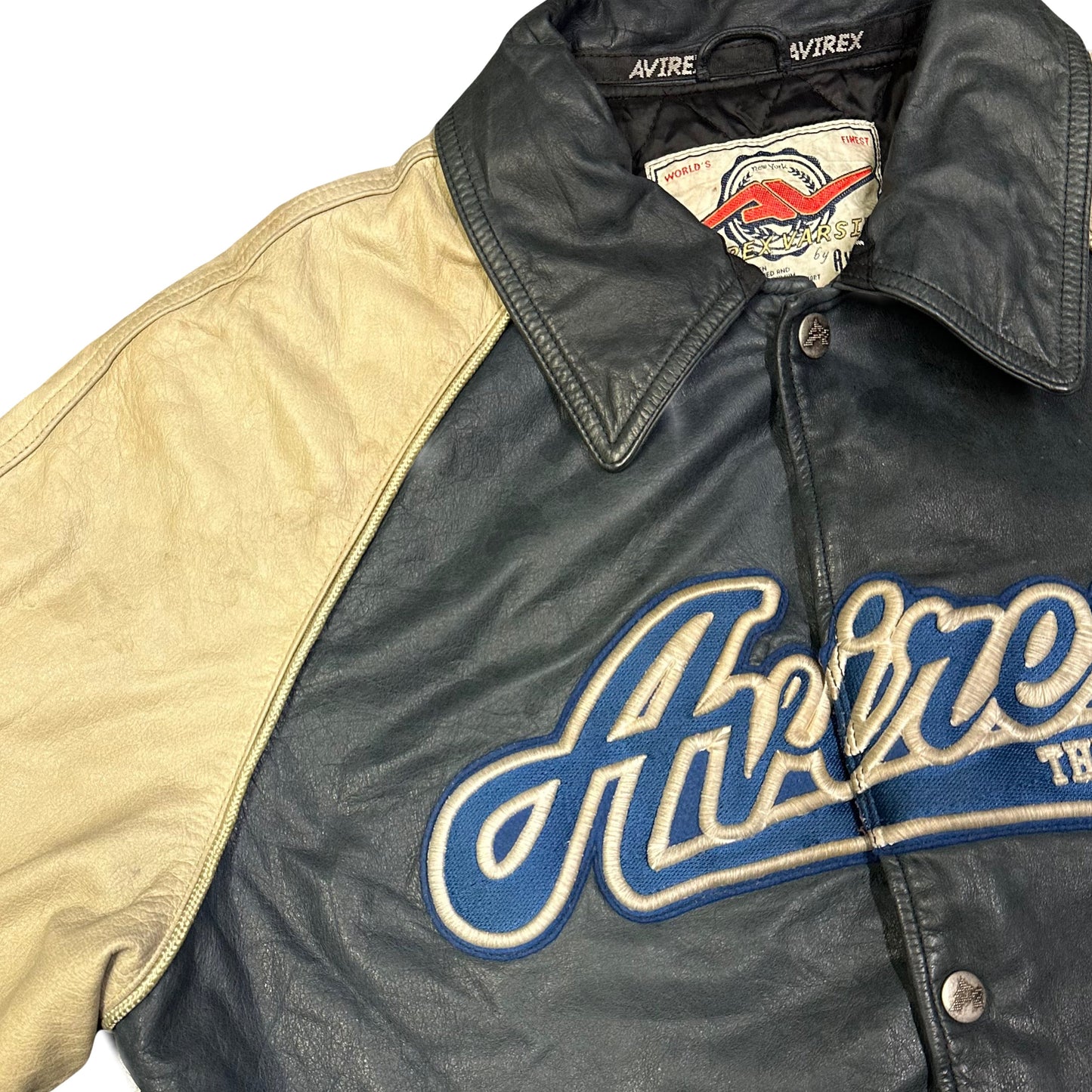 Avirex Spellout Leather Jacket In Navy & Cream ( XL )