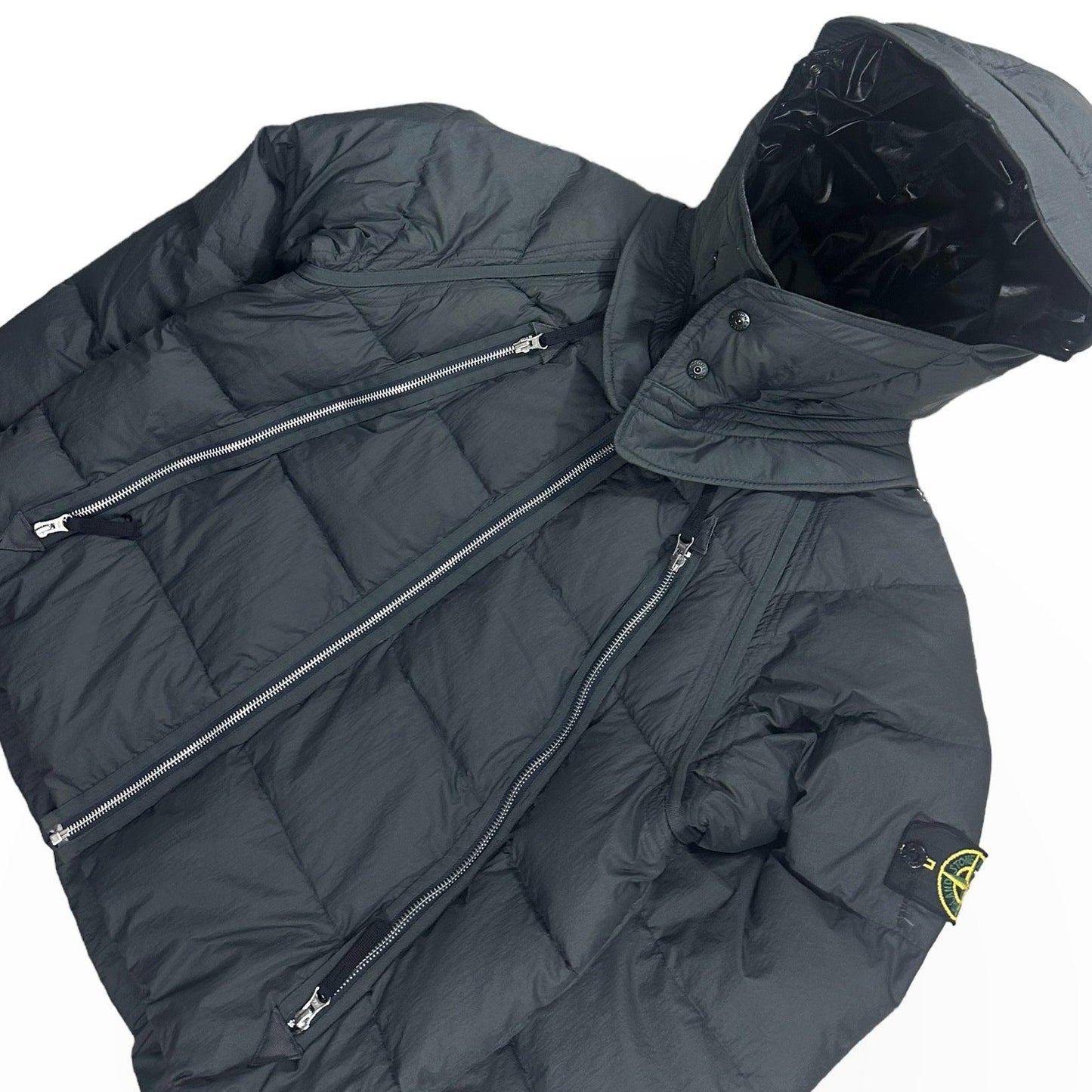 Stone Island Asymmetrical Zip Nylon Tela Down Jacket with Mesh Badge from A/W 2010 - Known Source