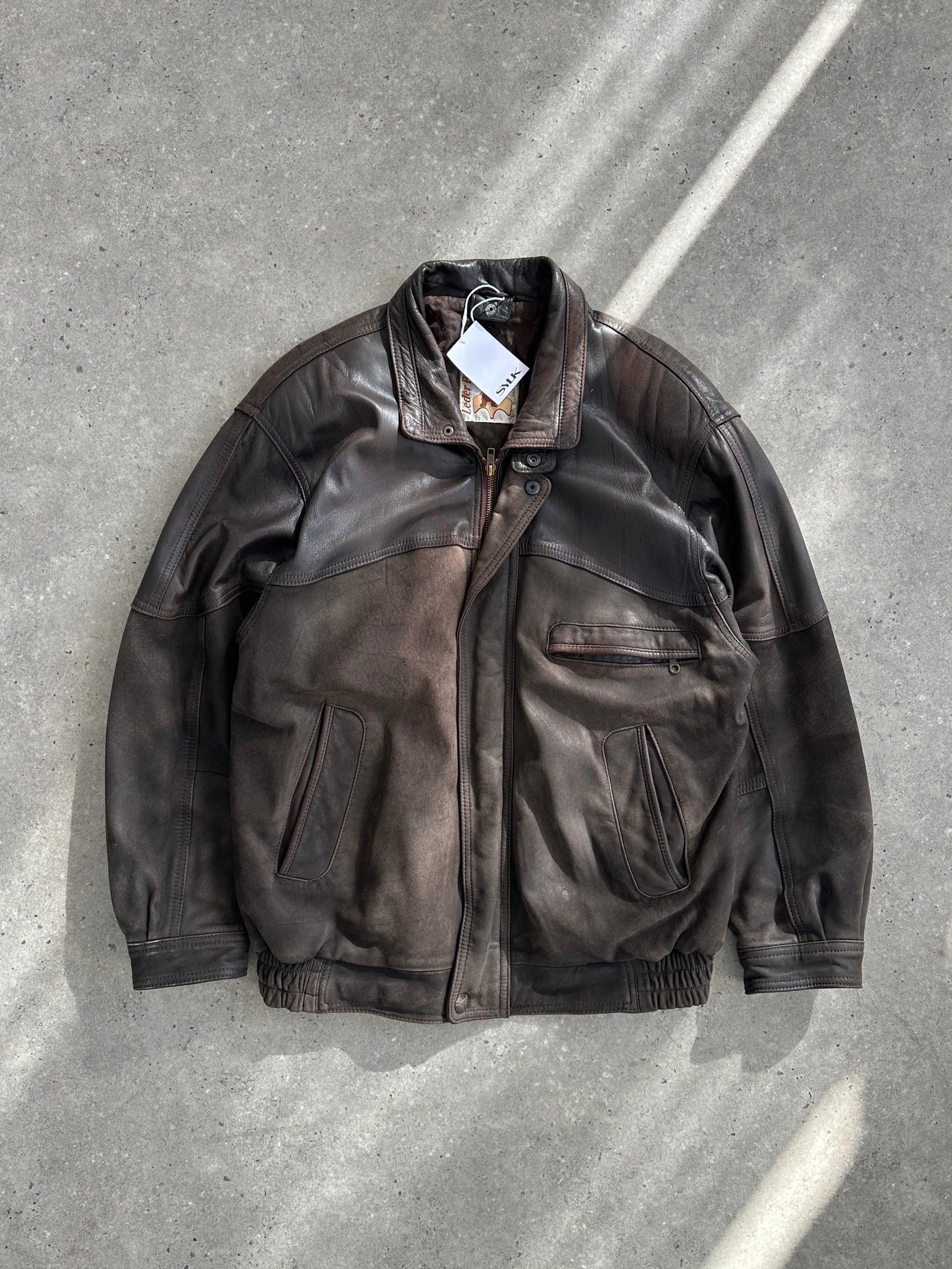 Vintage Aged Leather Bomber Jacket - L - Known Source