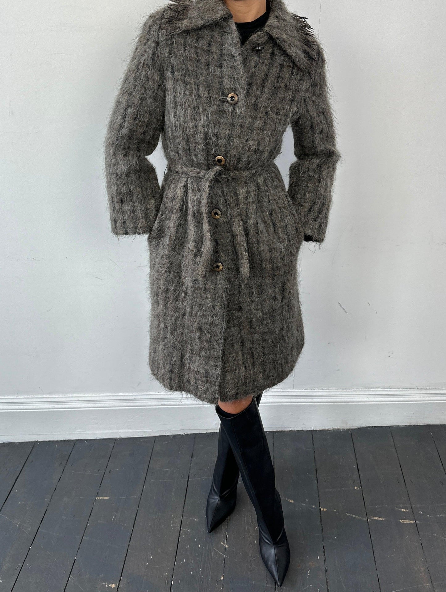 Jaeger Wool Belted Fuzzy Check Coat - S - Known Source