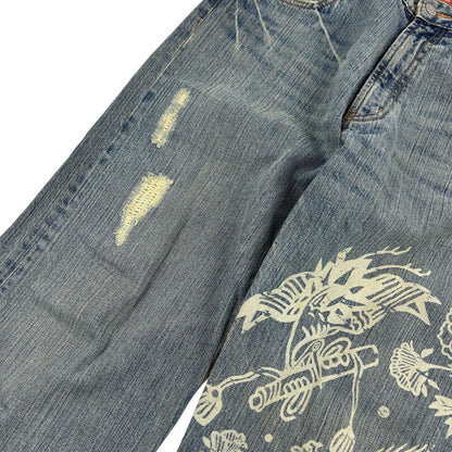 Vintage Birds And Waves Japanese Denim Jeans Size W30 - Known Source