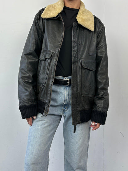 Vintage Removable Fur Collar Aviator Leather Bomber Jacket - L/XL - Known Source