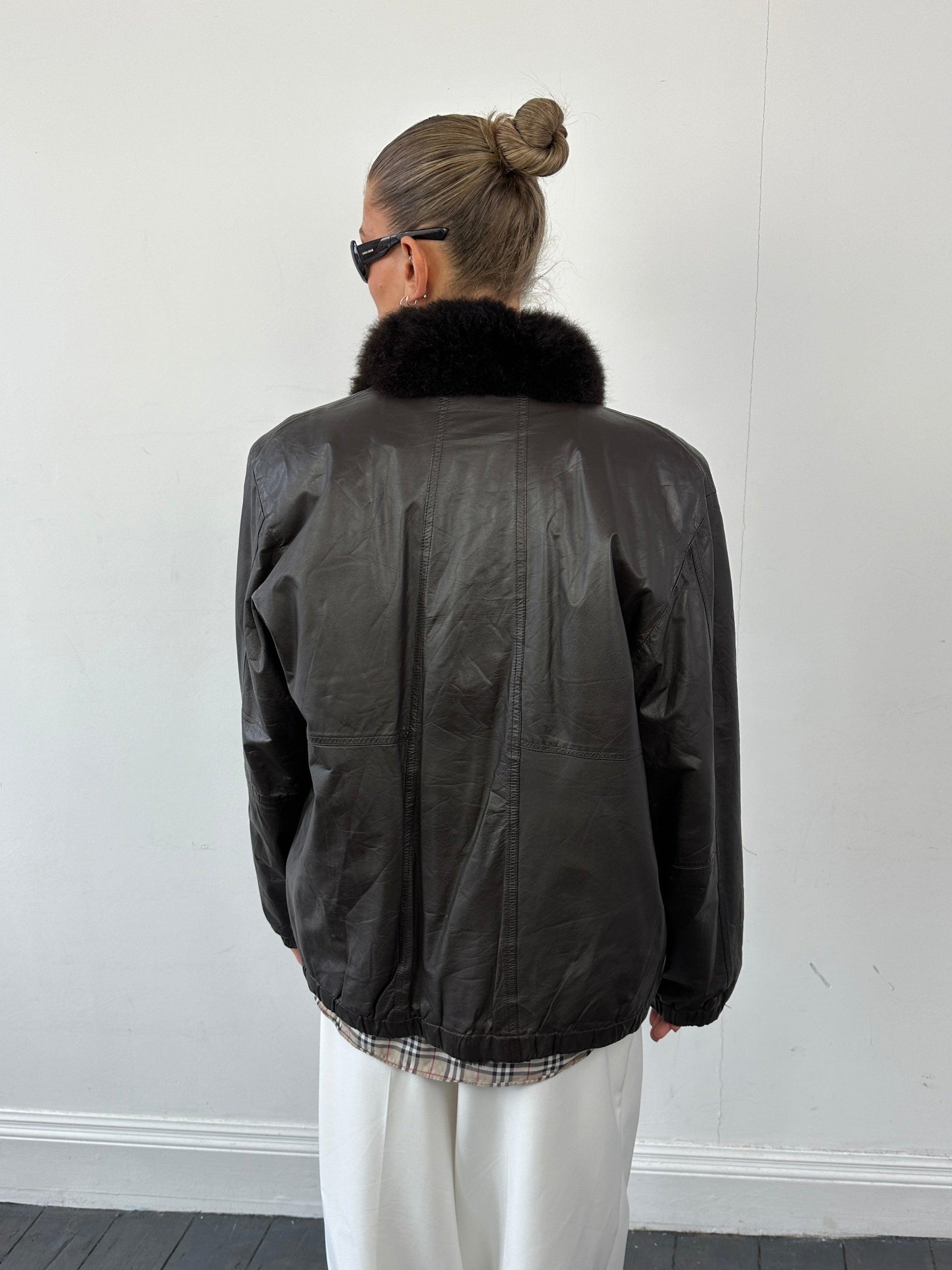 Vintage Faux Fur Lined Minimal Leather Bomber Jacket - S - Known Source