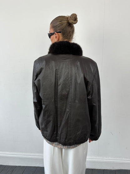 Vintage Faux Fur Lined Minimal Leather Bomber Jacket - S - Known Source