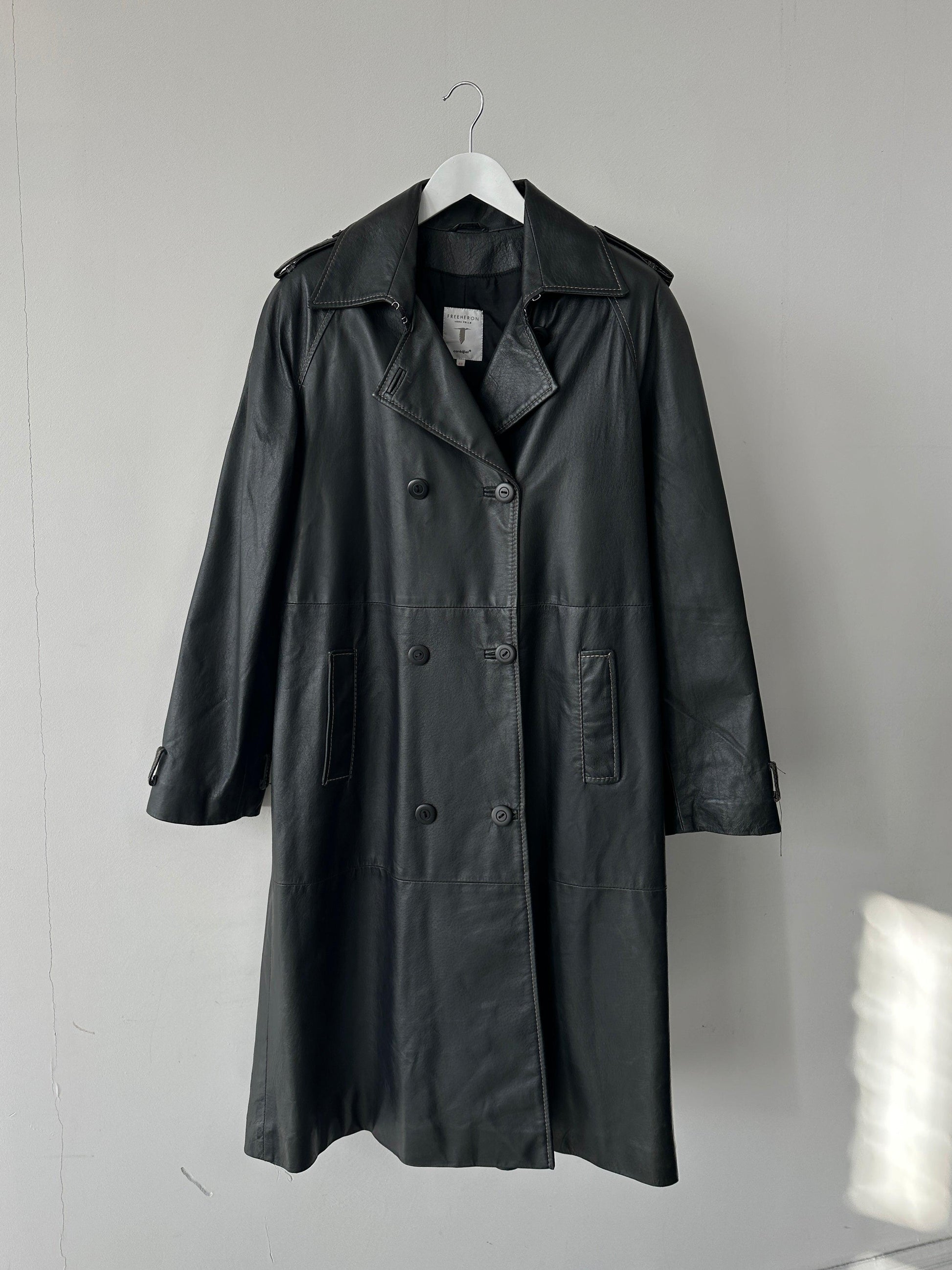 Conbipel Contrast Stitch Double Breasted Leather Trench Coat - M - Known Source