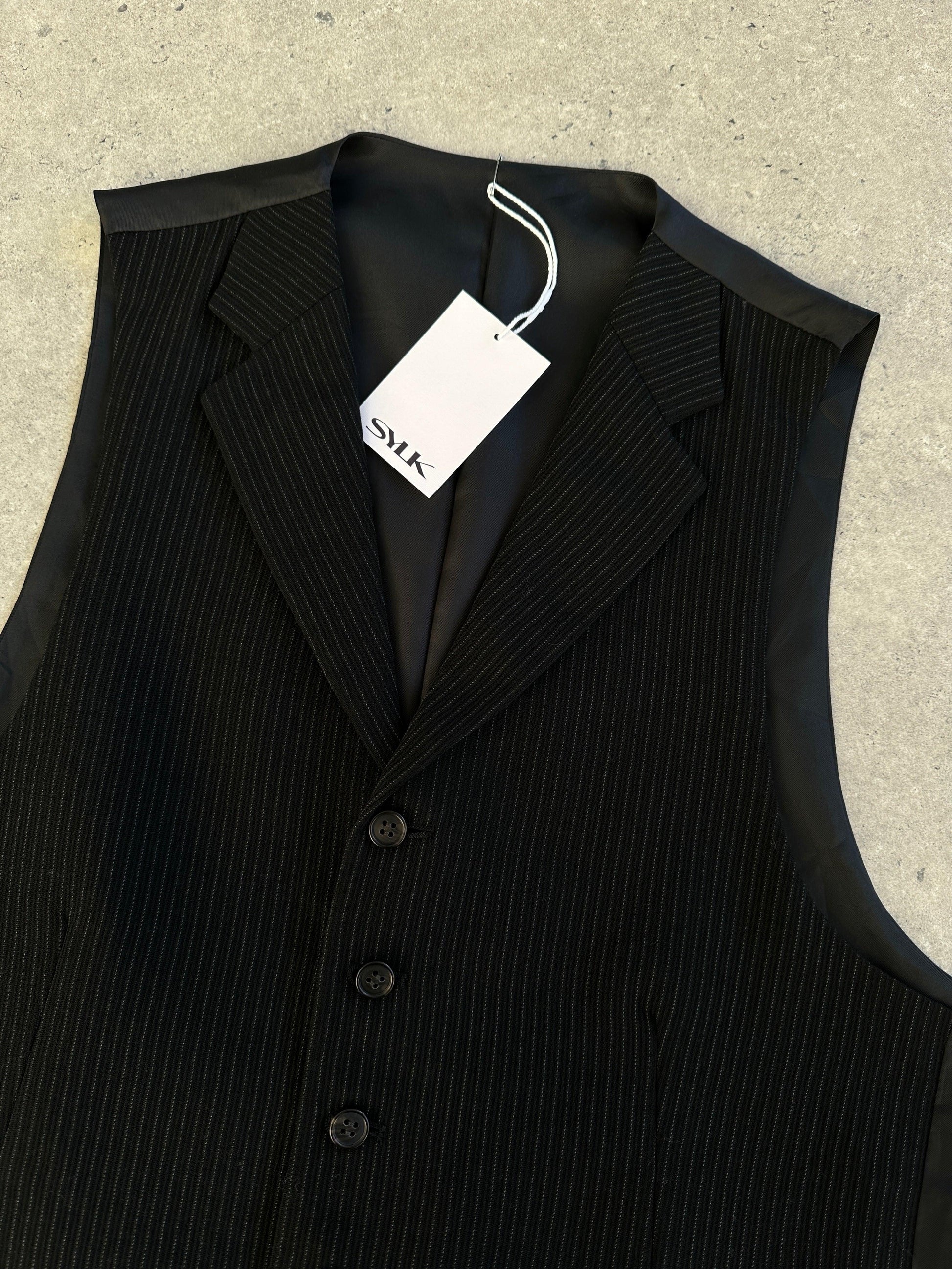 Vintage Wool Pinstripe Collared Waistcoat - L - Known Source