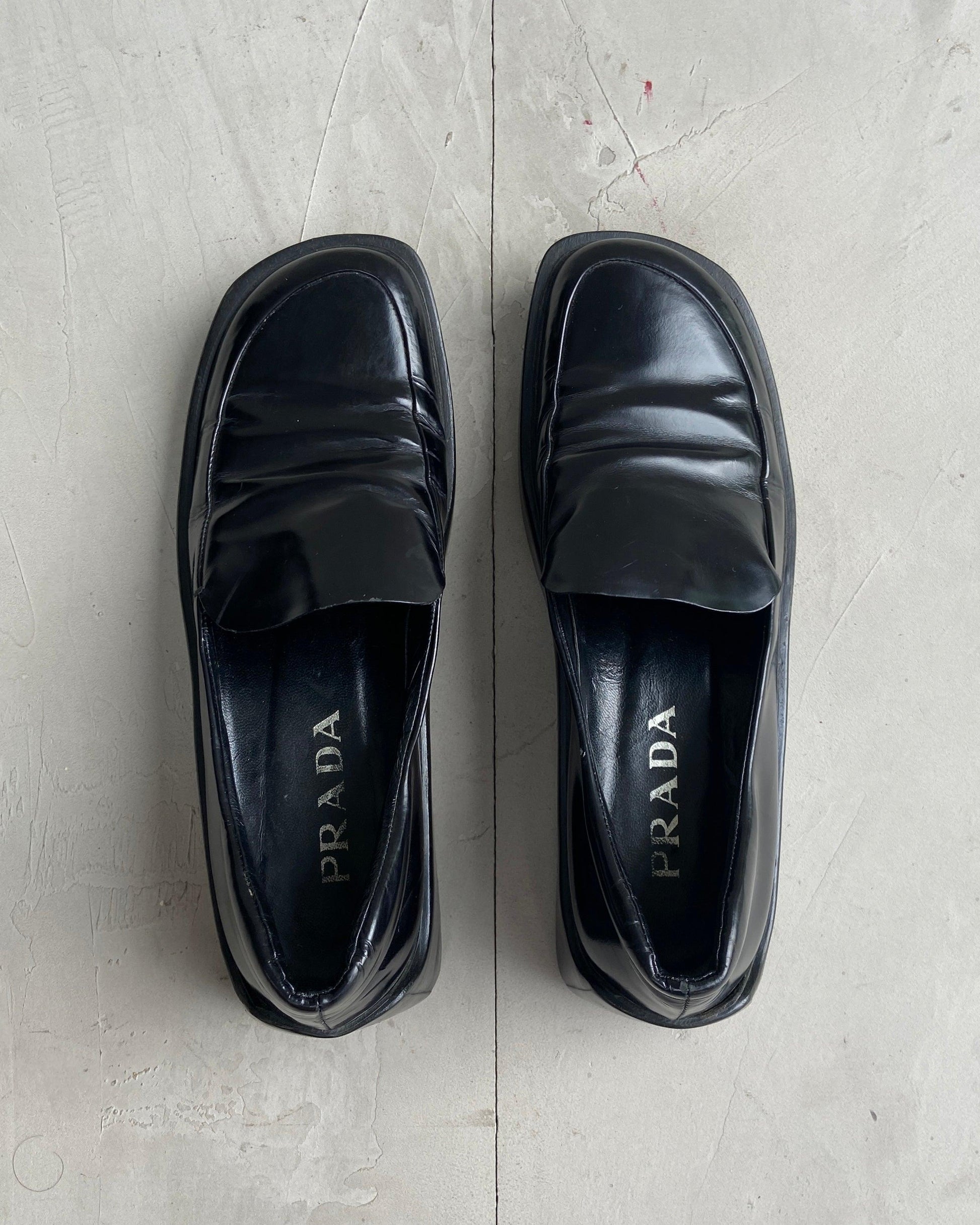 PRADA SS99 BLACK LEATHER SQUARE TOE LOAFERS - EU 37.5 / UK 4.5 - Known Source