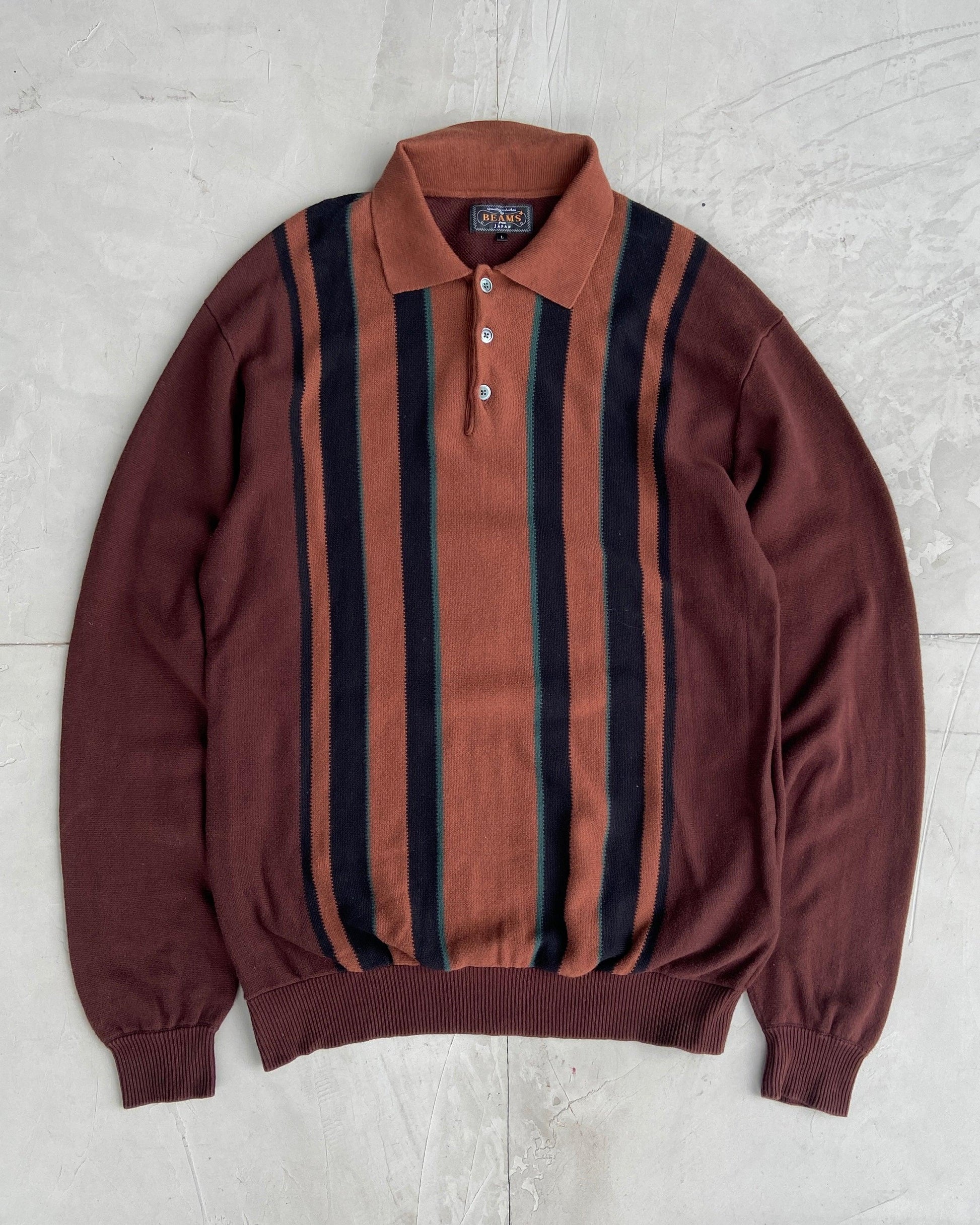 BEAMS JAPAN STRIPED LONG SLEEVE POLO TOP - L - Known Source