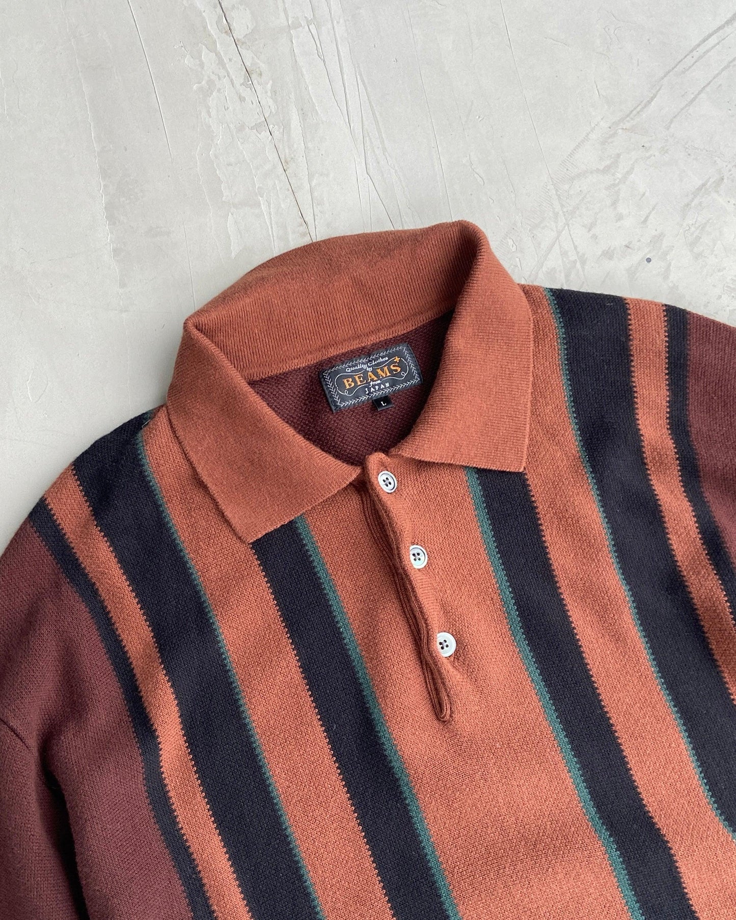 BEAMS JAPAN STRIPED LONG SLEEVE POLO TOP - L - Known Source