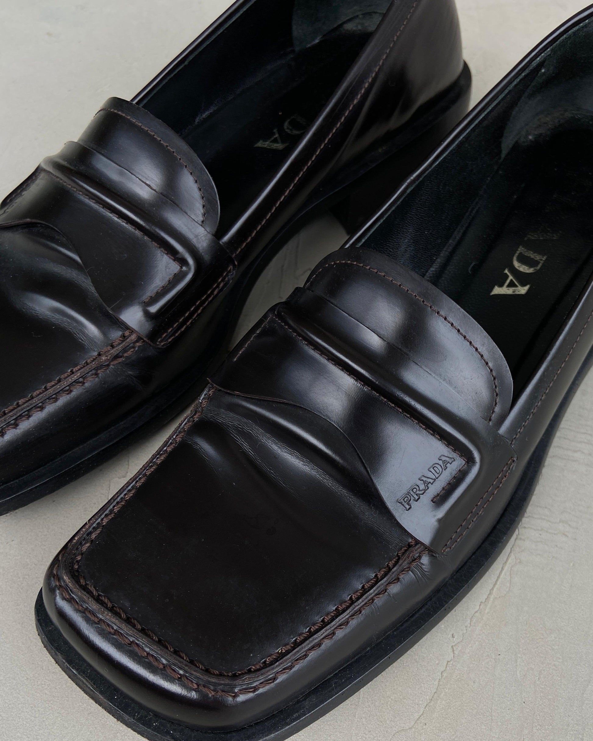 PRADA 90'S SQUARE TOE LEATHER LOAFERS - EU 38 / UK 5 - Known Source