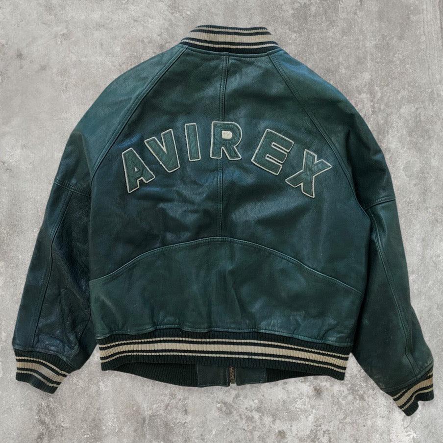 Vintage Avirex Spell-out Green Leather Bomber Jacket / Varsity Jacket - Known Source