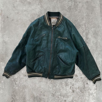 Vintage Avirex Spell-out Green Leather Bomber Jacket / Varsity Jacket - Known Source