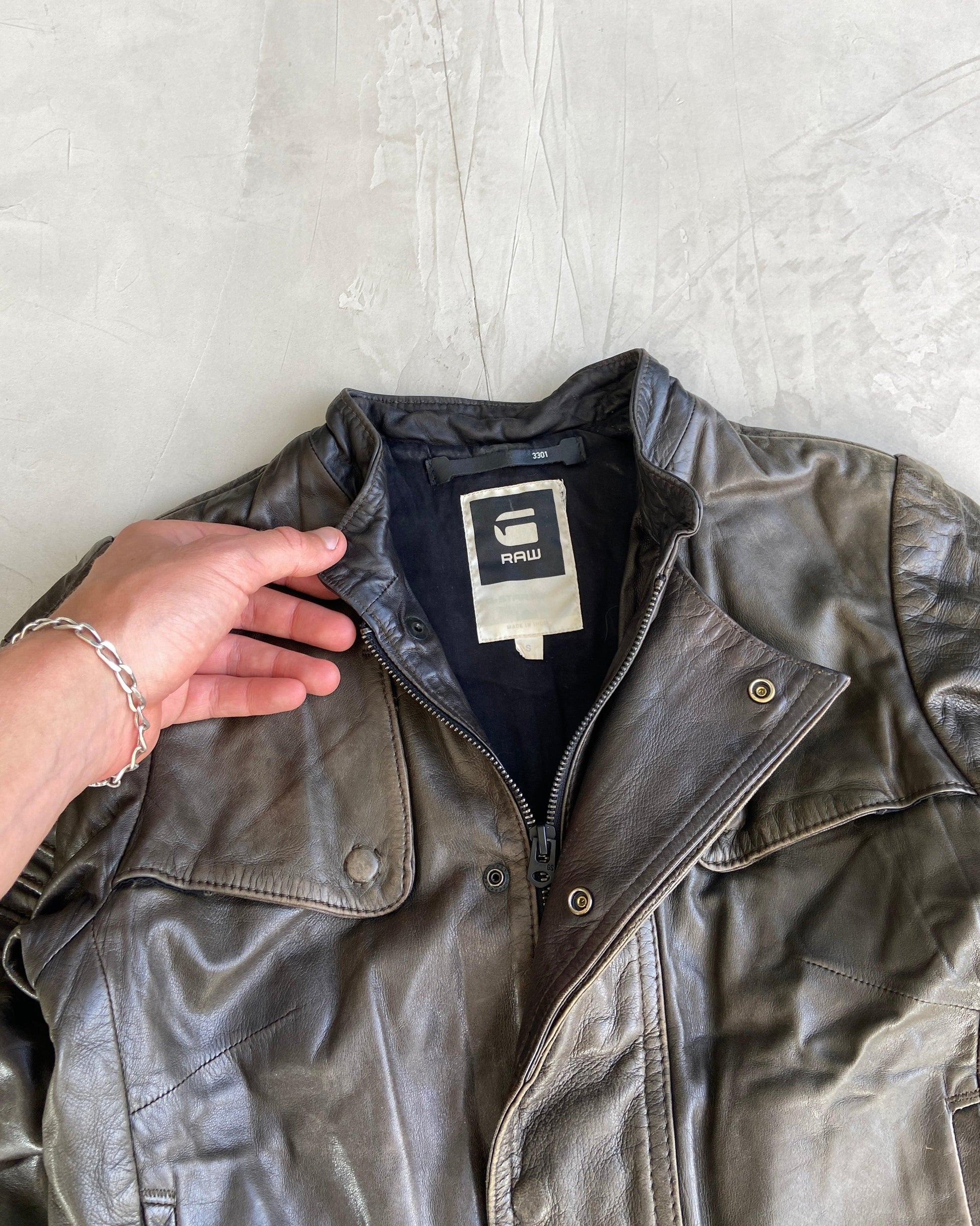 G STAR RAW 90'S LEATHER BIKER JACKET - S - Known Source